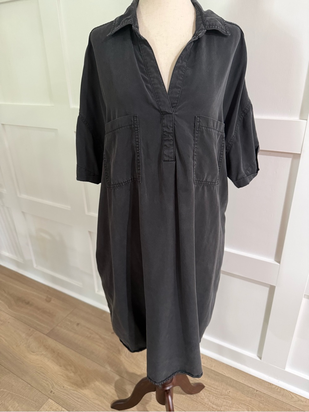 Washed Black Lyocell Shirt Dress XL Knee Length Pockets